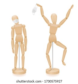 Masks required and end of the mask duty, symbolized by an irritated and a relieved happy wooden toy figures. Isolated vector illustration over white background.
