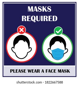 Masks required sign. Wear face mask sign and symbol. Please do not enter without a face mask. Protect yourself from Coronavirus. COVID-19 notice. Warning sign to protect face. Notice signs.  