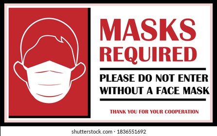 Masks Required. Wear Mask Sign. Please Wear Mask Sign.  The Mandatory Sign For Wearing Face Covering To Stop The Spread Of COVID-19.