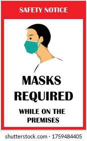 SE NECESITAN MÁSCARAS MIENTRAS ESTÁN EN LOS LOCALES. Usa un aviso de máscara facial. Usar símbolo de máscara facial y vector de signo de seguridad.  mensajes de advertencia de máscara. Signo de seguridad durante el coronavirus.