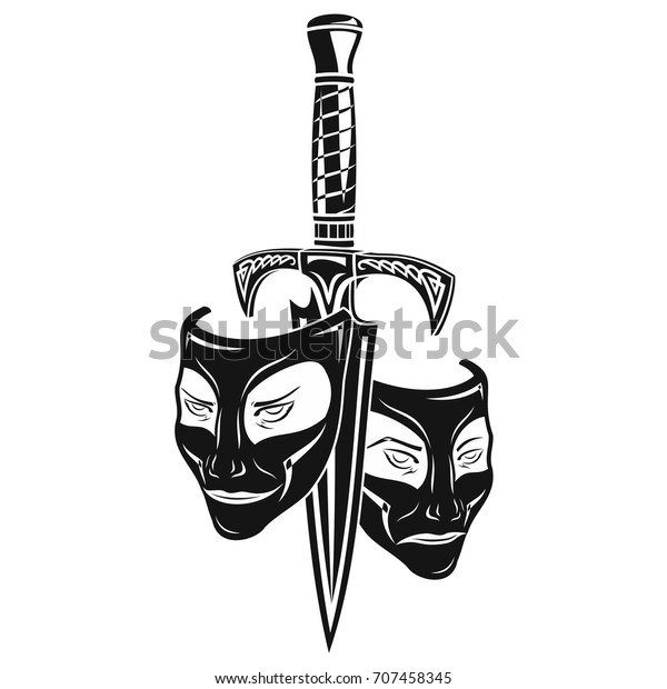The masks of a and sad joker divided by a\
dagger vector\
illustration.