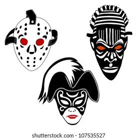 Masks, set of vintage ice hockey, Venice and African masks, vector illustration