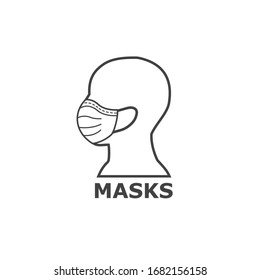 Masks sign. Wear face cover awareness board. Infection prevention measure. Clinic hospital pharmacy caution. Novel coronavirus safety. Flat 3D shadow design. Black vector. Product service label icon.