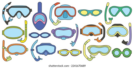 Masks for swimming vector color set icon. Isolated color set icon underwater glasses . Vector illustration masks for swimming on white background.