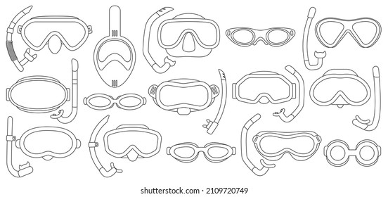 Masks for swimming vector outline set icon. Isolated outline set icon underwater glasses . Vector illustration masks for swimming on white background.