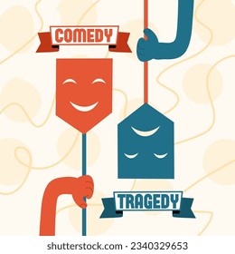 Masks of tragedy and comedy. The concept of performance, show and theater. Drama and fun.