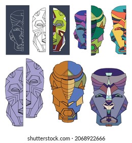 Masks in variations, color flat head, cartoon character
