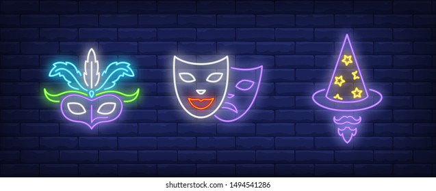 Masks, wizard hat and beard neon signs set. Carnival, fun, party, masquerade design. Night bright neon sign, colorful billboard, light banner. Vector illustration in neon style.