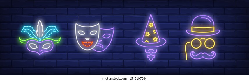 Masks, wizard hat and beard neon signs set. Carnival, fun, party, masquerade design. Night bright neon sign, colorful billboard, light banner. Vector illustration in neon style.