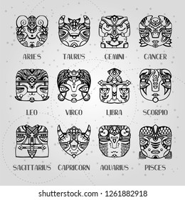 Masks zodiac signs horoscope faces. Astrology vector illustration. Twelve constellations: aries, taurus, gemini, cancer, leo, virgo, libra, scorpio, sagittarius, capricorn, aquarius, pisces