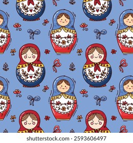 Maslenitsa background with cute matryoska. folklore drawings. Shrovetide. Vector illustration on doodle style on white background
