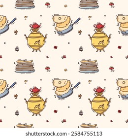 Maslenitsa background with cute pancakes . folklore drawings. Shrovetide. Vector illustration on doodle style on white background
