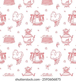 Maslenitsa background with cute pancakes . folklore drawings. Shrovetide. Vector illustration on doodle style on white background
