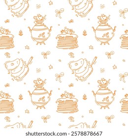 Maslenitsa background. Pancake week elements - food, samovar, Folklore drawings. Shrovetide. Vector illustration on doodle style on white background
