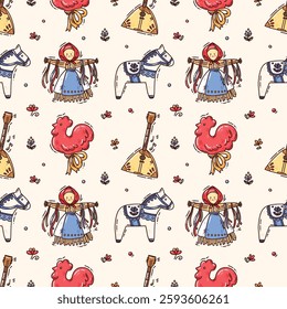 Maslenitsa background. Pancake week elements - horse, balalaika, folklore drawings. Shrovetide. Vector illustration on doodle style on white background
