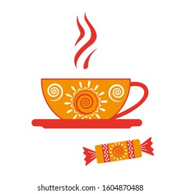 Maslenitsa: a Cup of hot tea and candy. Traditional drink. Vector image on a white background.