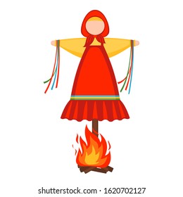 Maslenitsa doll icon with bonfire in flat style isolated on white background for slavic traditional russian winter festival. Marena doll for Shrovetide posters, cards and banners.Vector illustration.