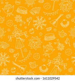 Maslenitsa. Pancake week elements - pancake, samovar, candy, balalaika, sun, scarecrow of winter, sour cream, accordion. Shrovetide. Vector seamless pattern on doodle style on white background