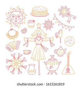 Maslenitsa. Pancake week elements - pancake, samovar, candy, balalaika, sun, scarecrow of winter, sour cream, accordion. Shrovetide. Vector illustration on doodle style on white background. No expand