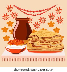 Maslenitsa with pancakes caviar and sour cream. Week of festivities and celebrations.