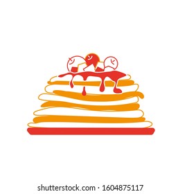 Maslenitsa: pancakes are placed on a plate, put on top of the berries and pieces of fruit with sauce. Vector image on a white background.