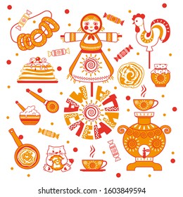 Maslenitsa: pancakes, samovar, Scarecrow, sun and other images of elements-symbols of the holiday. Vector image on a white background.