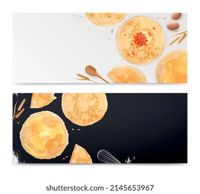 Banderas horizontales realistas de Maslenitsa con deliciosos crepes calientes de fondo blanco y negro ilustración vectorial aislada