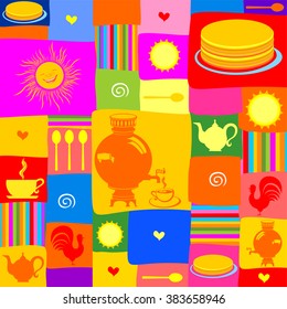 Maslenitsa - Russian national holiday background. Russian culture elements - ornaments, pancakes, food, drink  - vector seamless pattern 