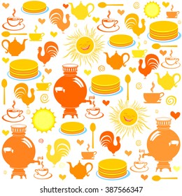 Maslenitsa - Russian national holiday background. Russian culture elements - ornaments, pancakes, food, drink - seamless pattern. Vector Illustration