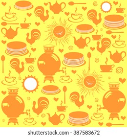 Maslenitsa - Russian national holiday background. Russian culture elements - ornaments, pancakes, food, drink. Seamless pattern. Vector Illustration