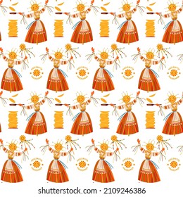 Maslenitsa Scarecrow. Butter Week (Eastern Slavic religious and folk holiday seeing off winter last week before Great Lent). Seamless background pattern. Vector illustration

