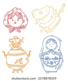 Maslenitsa set with cute characters . Folklore drawings. Shrovetide. Vector illustration in doodle style on white background
