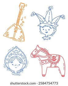 Maslenitsa set with cute characters . folklore drawings. Shrovetide. Vector illustration on doodle style on white background
