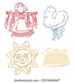 Maslenitsa set with cute characters . folklore drawings. Shrovetide. Vector illustration on doodle style on white background
