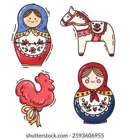 Maslenitsa set with cute characters . folklore drawings. Shrovetide. Vector illustration on doodle style on white background
