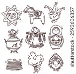 Maslenitsa set with cute pancakes . folklore drawings. Shrovetide. Vector illustration on doodle style on white background
