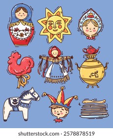 Maslenitsa set with cute pancakes Folklore drawings. Shrovetide. Vector illustration on doodle style on blue background
