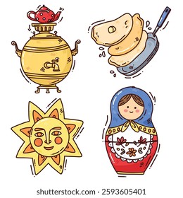 Maslenitsa set with cute pancakes . folklore drawings. Shrovetide. Vector illustration on doodle style on white background
