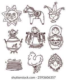 Maslenitsa set with cute pancakes . folklore drawings. Shrovetide. Vector illustration on doodle style on white background
