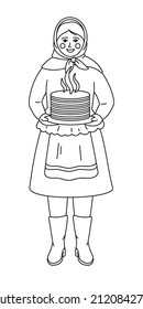 Maslenitsa or Shrovetide. Line art. Woman with pancakes and Russian tradition clothes. Great Russian holiday Maslenitsa. Vector outline illustration. Coloring page