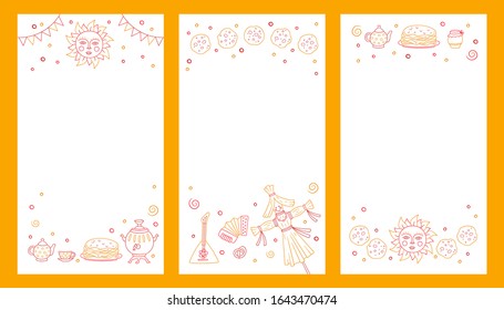 Maslenitsa, Shrovetide, Pancake week. Set of vector illustrations on doodle style for social networks stories. Hand drawn