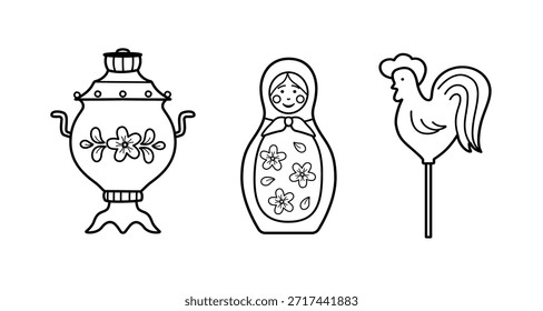 Maslenitsa oder Shrovetide. Set von Ornament-Elemente auf das Thema der Großen Russischen Feiertag Shrovetide. Vektordoodle-Illustration von Samovar, Matryoshka und Hahn.