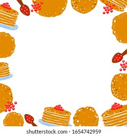 Maslenitsa or Shrovetide. Template for the design of invitations, banner, poster or promotional. Frame of pancakes and caviar.