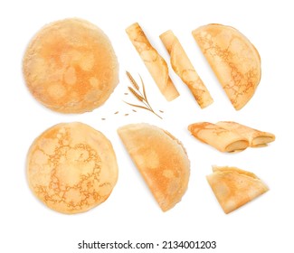 Maslenitsa thin pancakes realistic set of round wrapped rolled folded in half and in four items isolated vector illustration