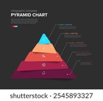 Maslow Infographic stipe layers template with five levels - red color pyramid template on dark background with icons and descriptions made from overlay blocks