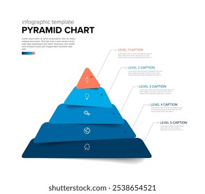 Maslow Infografía Plantilla de capas de estilete con cinco niveles - Plantilla de pirámide de color azul sobre fondo claro con iconos y descripciones hechas de bloques superpuestos