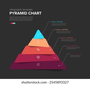 Maslow Infografía Plantilla de capas de estilete con cinco niveles - Plantilla de pirámide de color rojo sobre fondo oscuro con iconos y descripciones hechas de bloques superpuestos