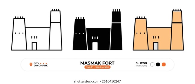 Masmak Fort Line Icon. Riyadh, Saudi Arabia, Landmark, Silhouette, Color Vector, Editable Stroke.
