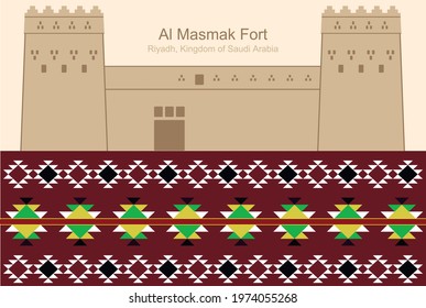 The Masmak Fort with Vector Seamless Saudi Arabia Traditional Pattern Texture - Sadu, Sadou, Sadow or Sado. Vector Illustration. Eps 10