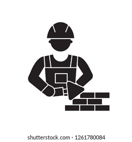 Mason Bricklayer Black Vector Concept Icon. Mason Bricklayer Flat Illustration, Sign